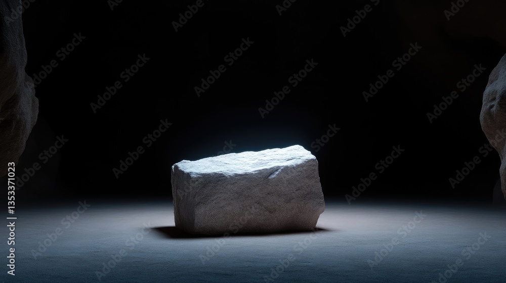 Elevated, illuminated stone block on a dark backdrop