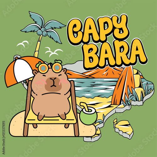 Cute abstract image of a "capybara" boy sitting on a chair drinking coconut water. Suitable for printing and decoration
