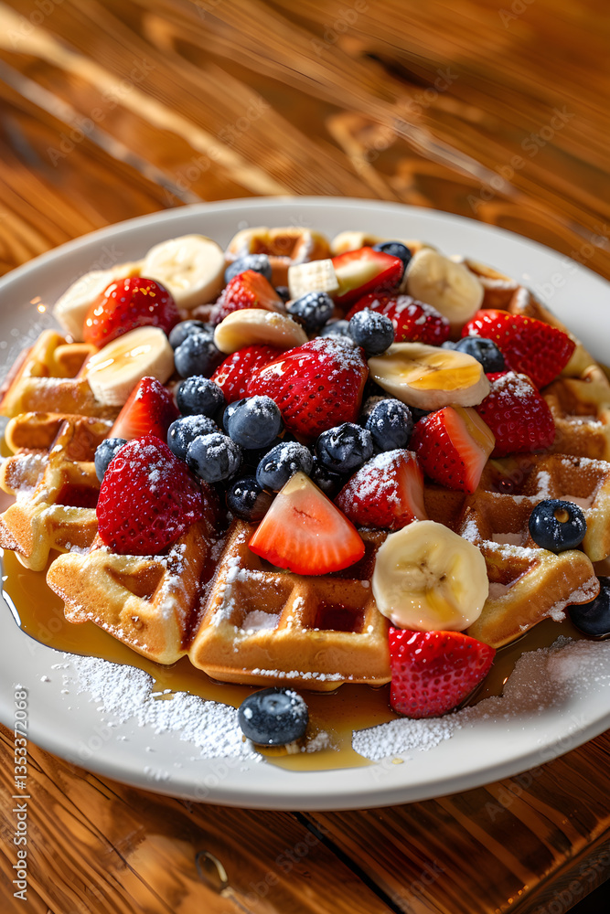 Delicious Golden-Brown Waffle Topped with Fresh Fruits and Maple Syrup Delicious Golden-Brown Waffle Topped with Fresh Fruits and Maple Syrup