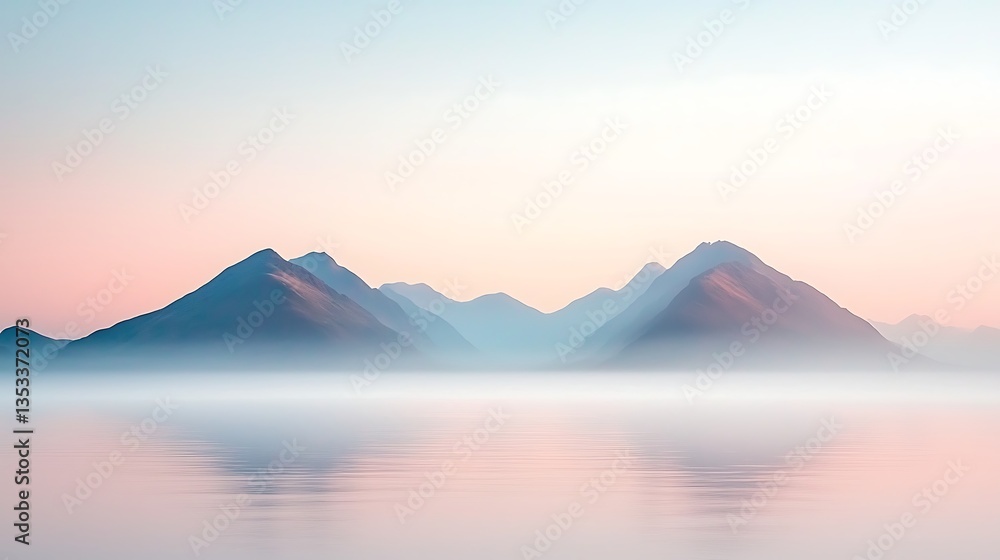 Naklejka premium Misty Mountains with Calm Lake Sunrise.
