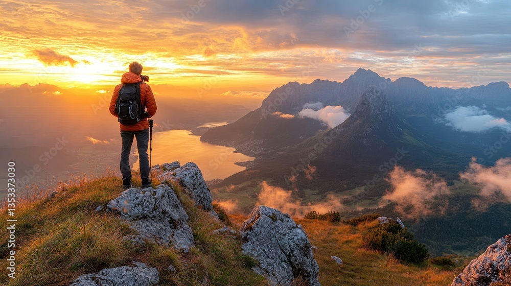 Obraz premium A hiker admires a mountain range from a peak at sunset