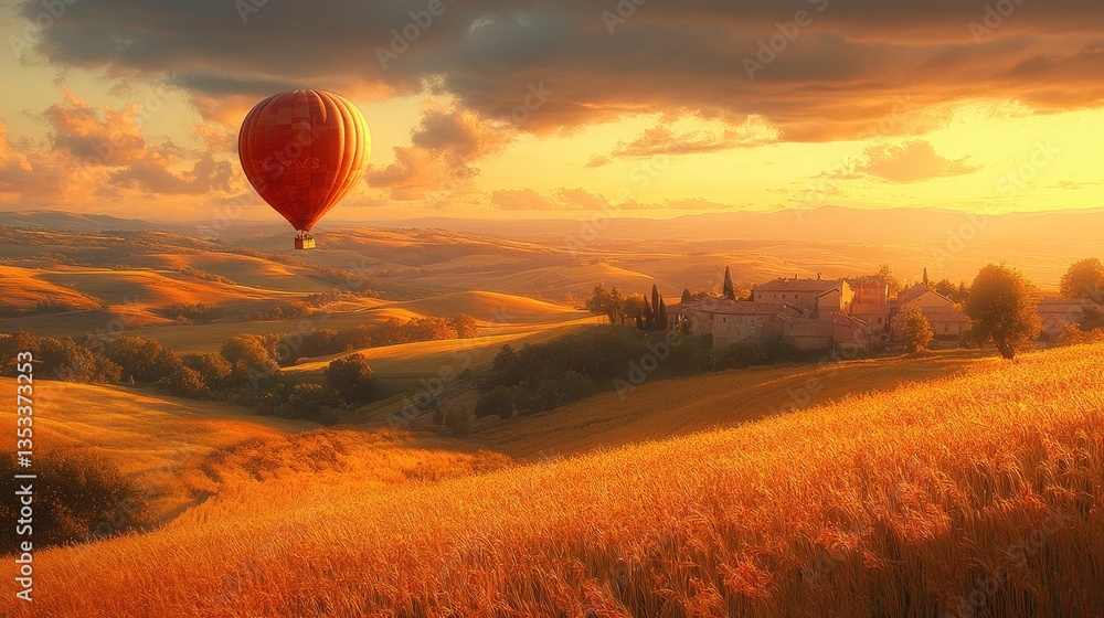 Obraz premium A beautiful red balloon floating above rolling hills at sunset