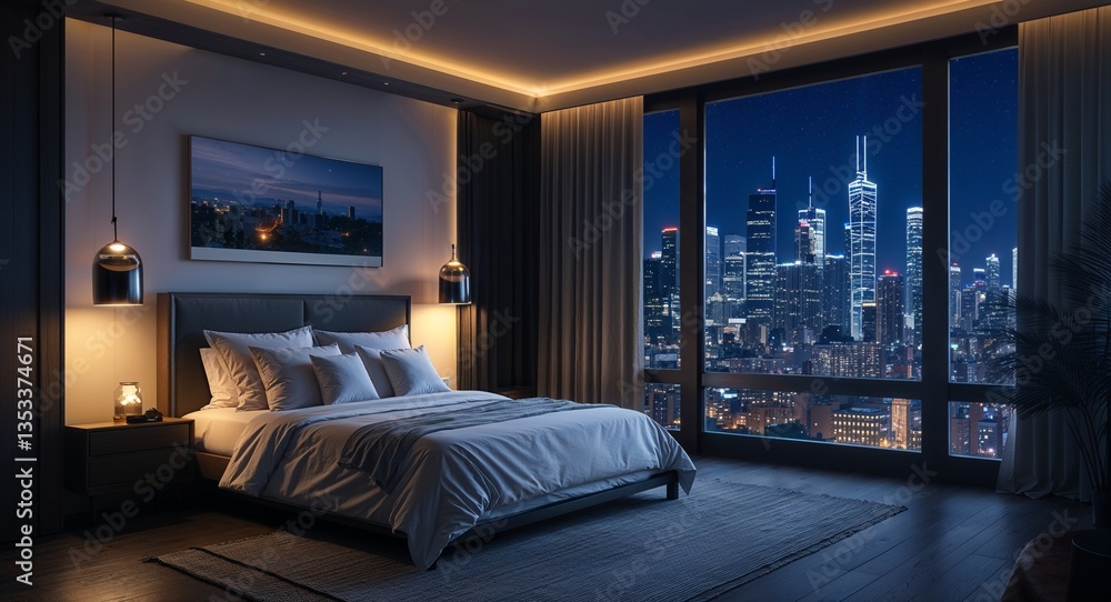 Tranquil bedroom with low lighting and a city skyline view at night Tranquil bedroom with low lighting and a city skyline view at night
