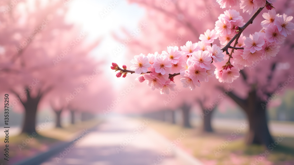 Fototapeta premium Delicate cherry blossoms in a soft pink landscape
