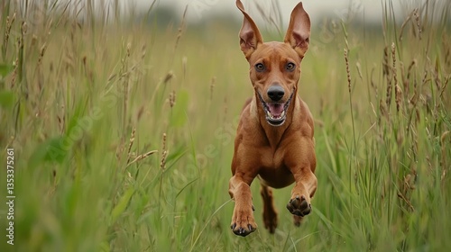 A hound dog with its ears flopping, running through a field