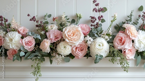 Elegant pink and white floral arrangement on mantelpiece.