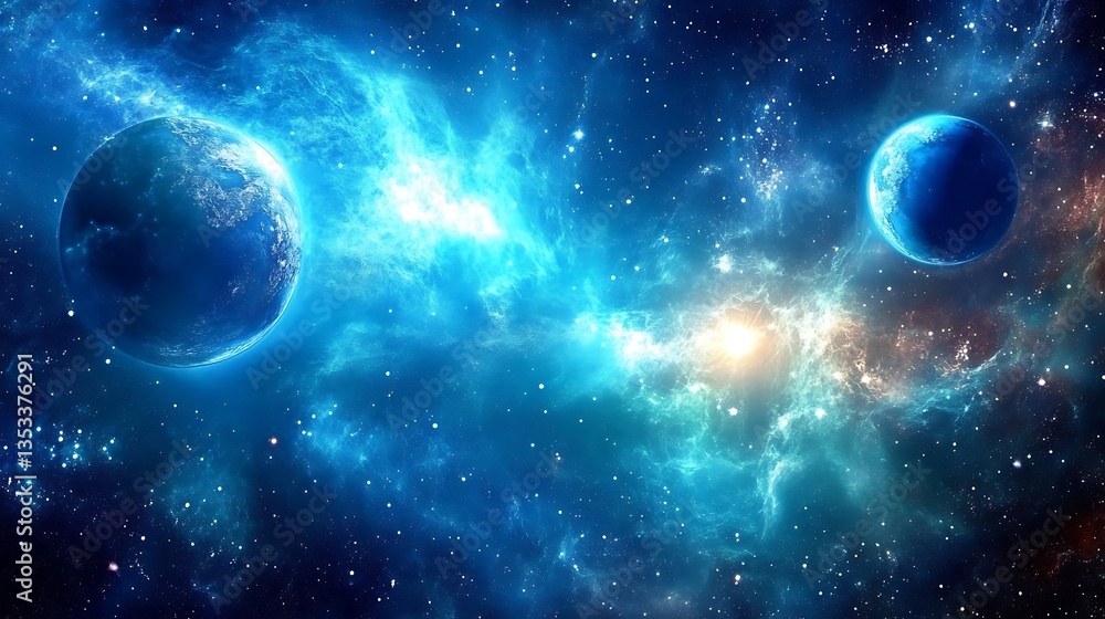 Fototapeta premium Two Blue Planets Surrounded By Cosmic Dust And Celestial Bodies