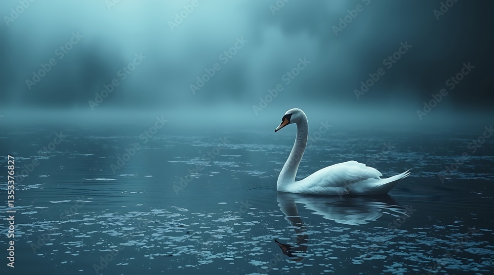 Obraz premium Solitary swan on misty lake at dawn.