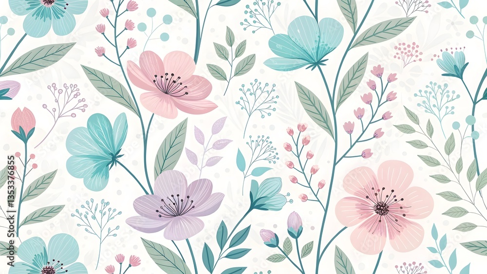 Fototapeta premium A seamless repeating pattern of delicate blooming flowers, showcasing beauty and elegance in a natural design