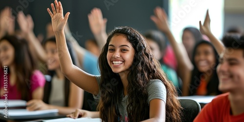 A group of diverse students celebrating after successfully completing a test, high-fiving each other