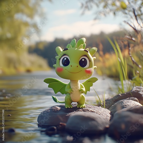 A friendly cartoon dragon stands on a stone near flowing water