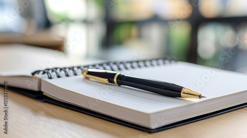 A black pen resting on an open lined notebook elegantly