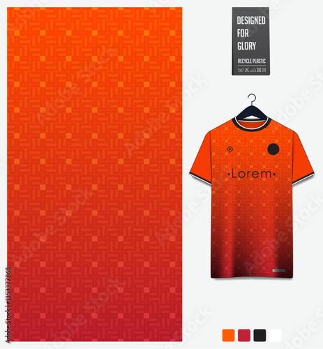 Geometric pattern with gradient background for fabric textile design. Sport shirt mockup template for football, soccer, basketball, cycling, running, rugby, baseball, racing, or sportswear.