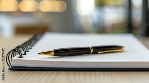 A black and gold pen rests on a lined open notebook