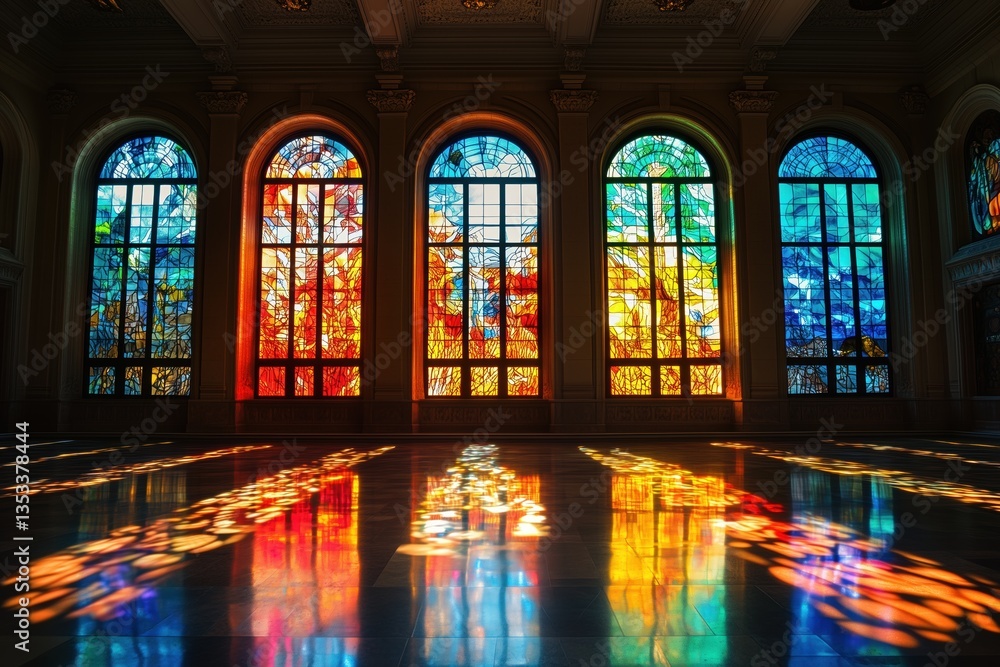 Obraz premium A spacious interior with large stained glass windows casting colorful reflections on the floor. The windows feature intricate designs in vibrant hues, creating a serene and artistic atmosphere.
