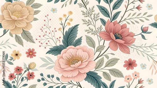 Wallpaper Mural A vintage-style seamless flower pattern with muted tones, representing elegance and timeless beauty in a classic design Torontodigital.ca