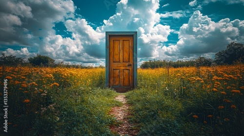 A door standing in the middle of a meadow, symbolizing opportunity and possibility, with an open path leading to a bright horizon.