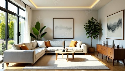 Bright and airy living room with large windows and mid-century modern decor, airy, decor, interior design