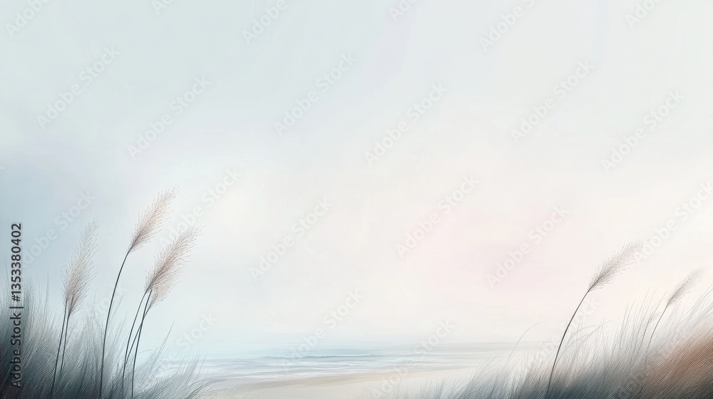 Obraz premium Serene Coastal Landscape: Minimalist Seascape with Beach Grass at Dawn