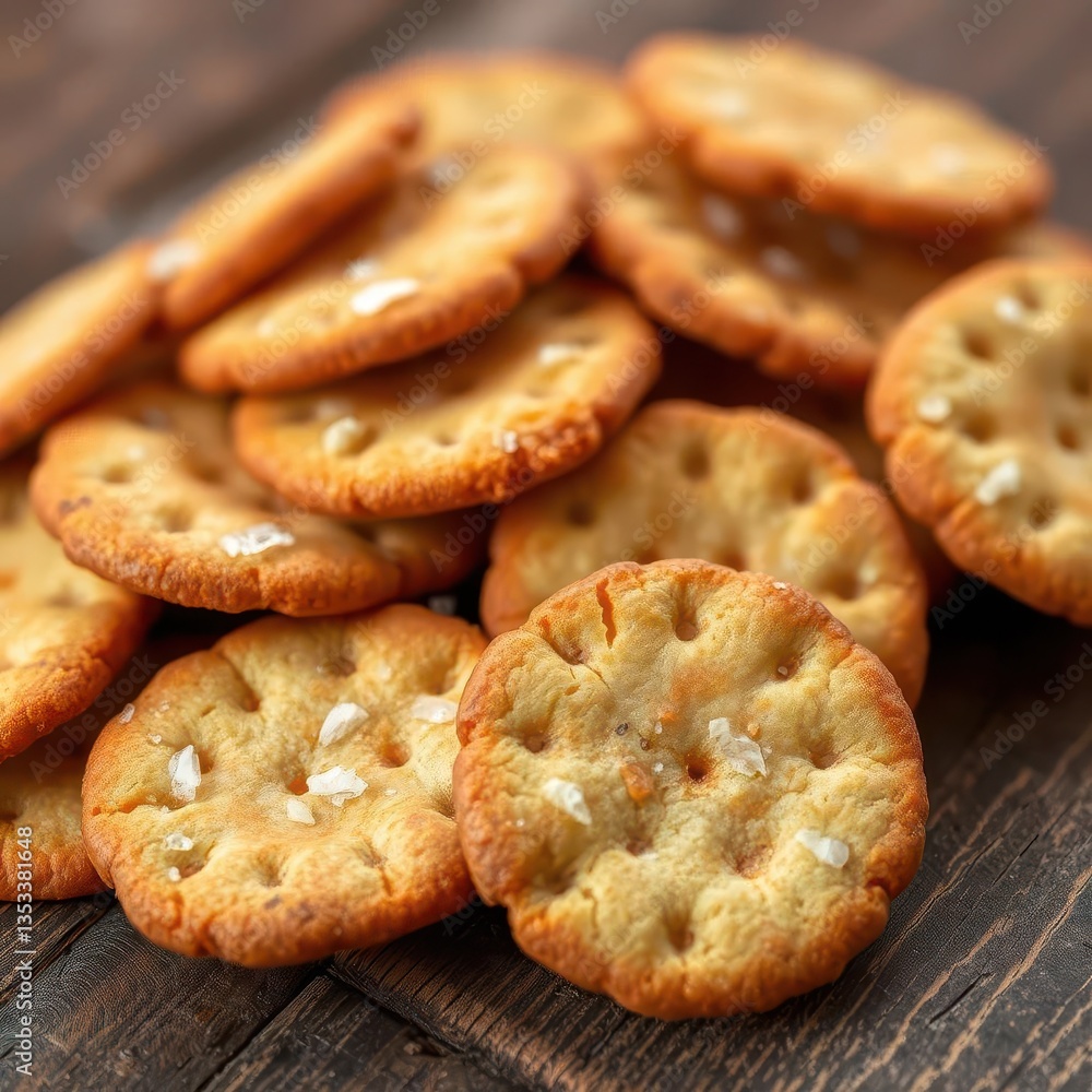 Close-up of rustic salted round crackers on a wooden surface, culinary, snack, detail