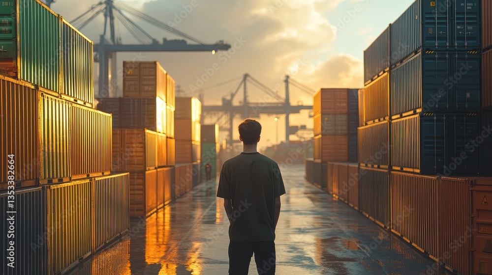 Back view of a logistics coordinator ensuring stock container in a brightly port. Back view of a logistics coordinator ensuring stock container in a brightly port.