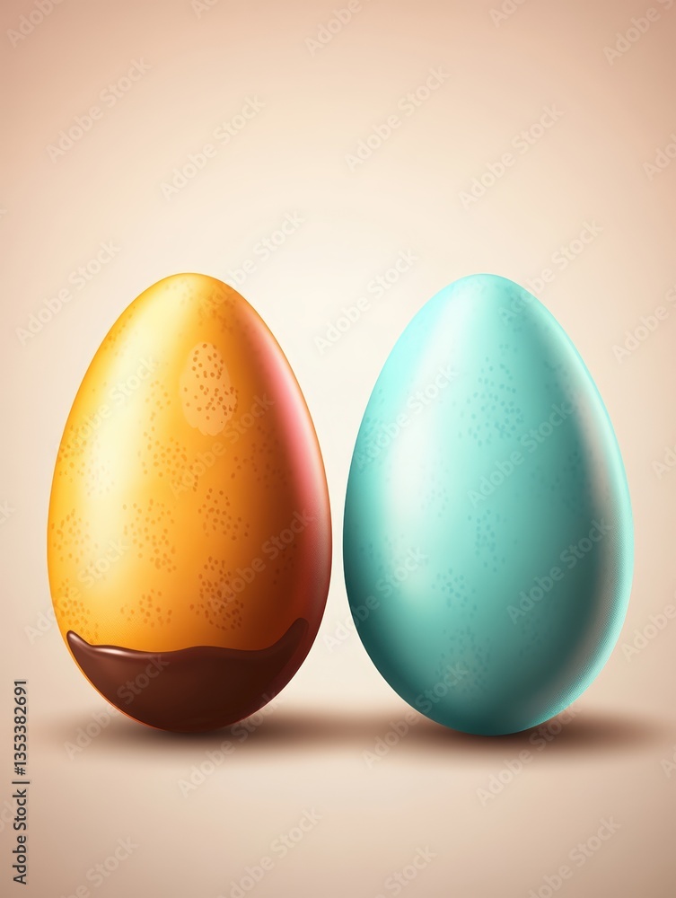 Chocolate-dipped orange Easter egg beautifully displayed next to a light teal egg against a soft beige background, perfect for festive holiday decor Chocolate-dipped orange Easter egg beautifully displayed next to a light teal egg against a soft beige background, perfect for festive holiday decor