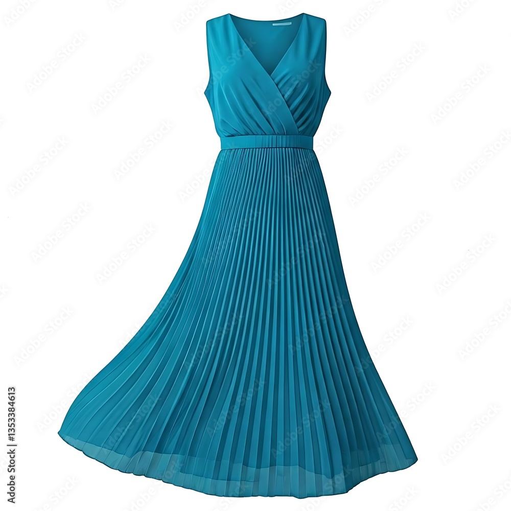 A flowing blue chiffon dress with a cinched waist and pleated skirt isolated on a white background. A flowing blue chiffon dress with a cinched waist and pleated skirt isolated on a white background.
