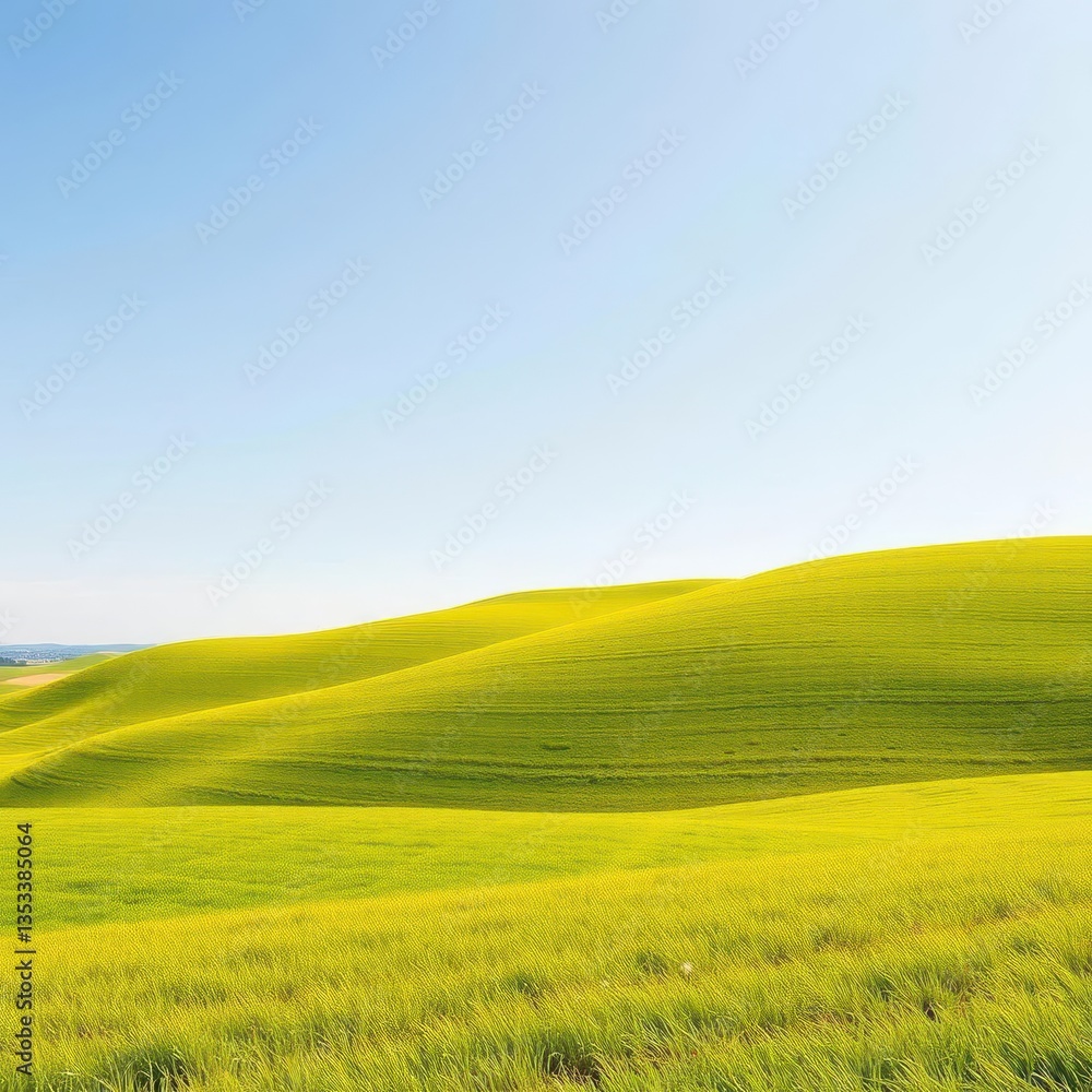 Fototapeta premium Rolling hills of vibrant green grass under a clear sky, clouds, texture