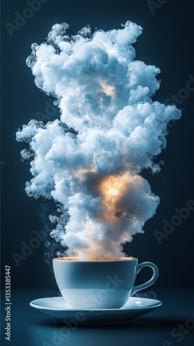 Steam and Clouds Emanating from a Coffee Cup in a Creative Artistic Composition, Highlighting the Intersection of Nature and Beverage in a Unique and Captivating Design