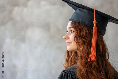 A young woman wearing graduation attire looking thoughtfully to the side