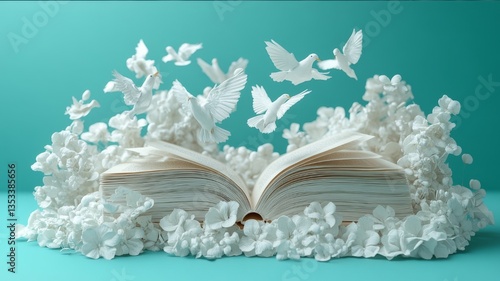 Open Book Surrounded by White Flowers and Doves, Symbolizing Knowledge, Freedom, and New Beginnings Against a Turquoise Background