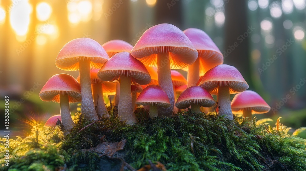 Fototapeta premium Cluster of vibrant pink mushrooms in a sunlit forest. A group of pink fungi emerge from mossy ground, bathed in golden sunlight