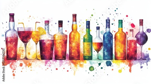 Vibrant Watercolor Collection of Alcoholic Beverages: A Colorful Showcase of Bottles and Glasses
