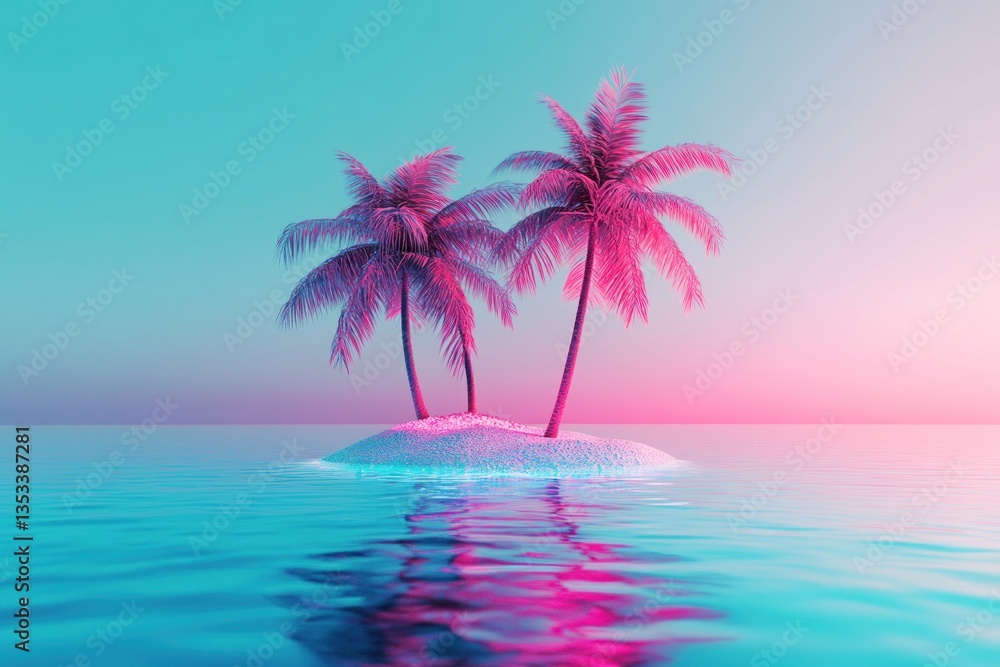 Fototapeta premium Pastel Pink Palm Trees on Floating Island, Ocean Sunset