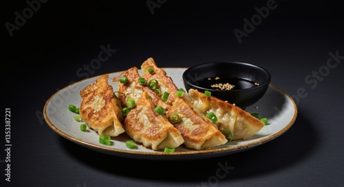 Plate of gyoza with dipping sauce