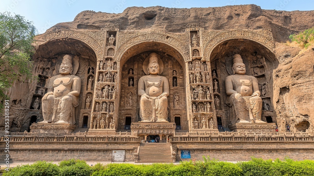 Fototapeta premium Three large stone statues are carved into a cliff face