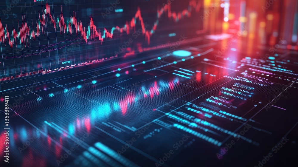 Obraz premium Business-themed background with a stock chart, corporate icons, and economic data, dynamic market trends, [stock chart, business], [corporate finance] 