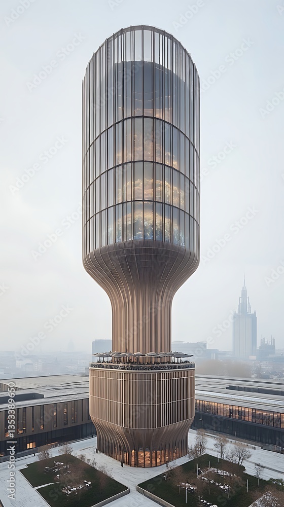 Fototapeta premium Modern cylindrical tower with city skyline.
