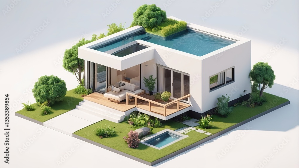 A small modern minimalist house isometric perspective, 3D model miniature A small modern minimalist house isometric perspective, 3D model miniature