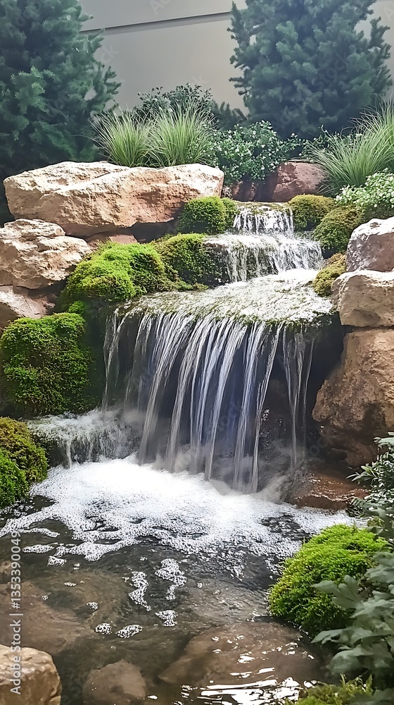 Fototapeta premium Waterfall cascading over rocks in garden