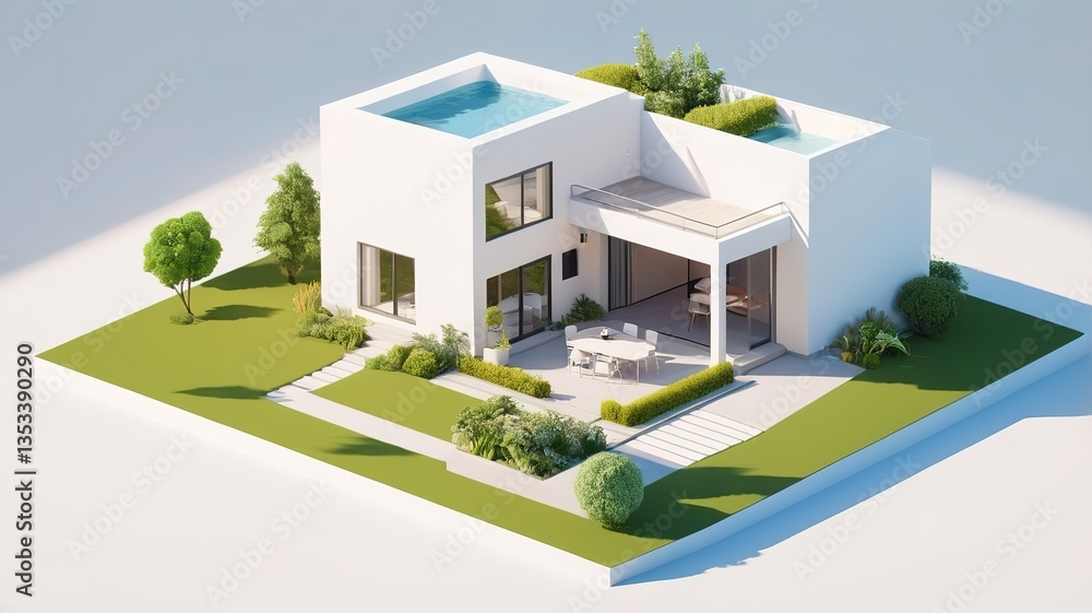 A small modern minimalist house isometric perspective, 3D model miniature A small modern minimalist house isometric perspective, 3D model miniature