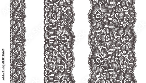 Three sizes of lace border with an alternating pattern of large and small flowers