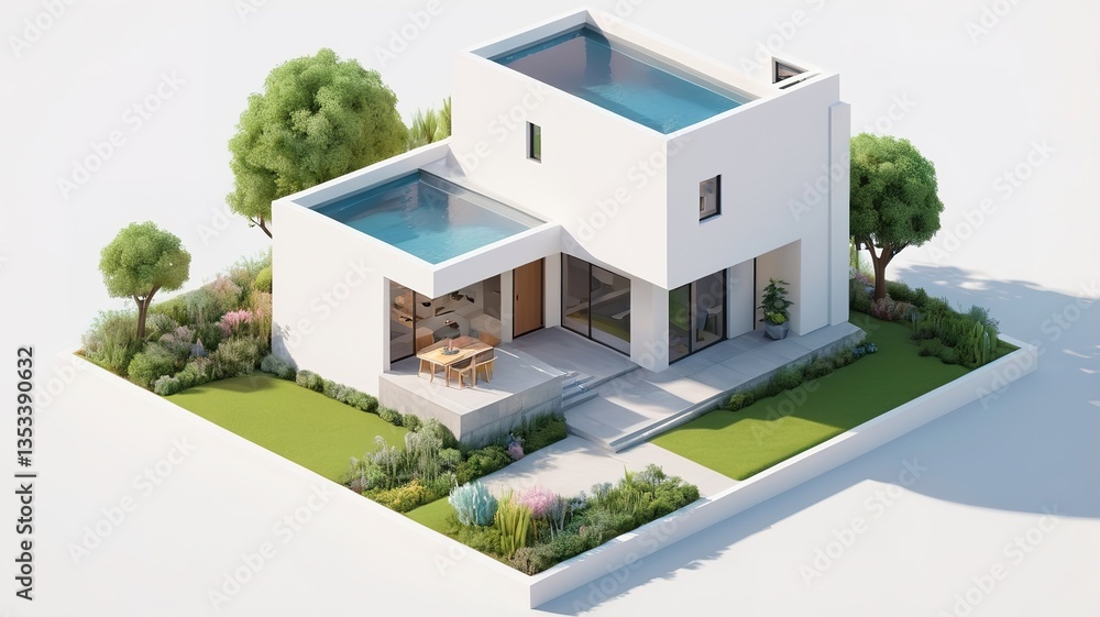 A small modern minimalist house isometric perspective, 3D model miniature A small modern minimalist house isometric perspective, 3D model miniature
