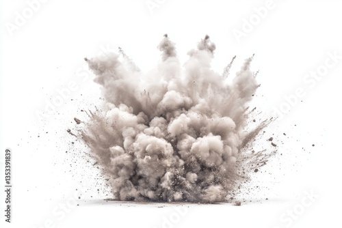 Powerful explosion of dust particles.  A massive cloud of pulverized earth erupts outward, showcasing the force and extent of the disintegration