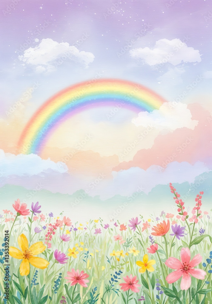 Whimsical Rainbow Meadow in Watercolor Whimsical Rainbow Meadow in Watercolor