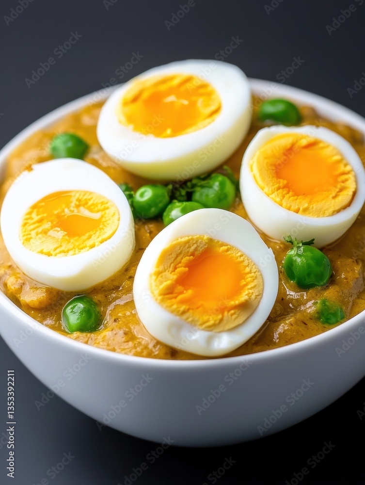 Food top popular healthy A delicious bowl of curry topped with boiled eggs and fresh green peas. Food top popular healthy A delicious bowl of curry topped with boiled eggs and fresh green peas.