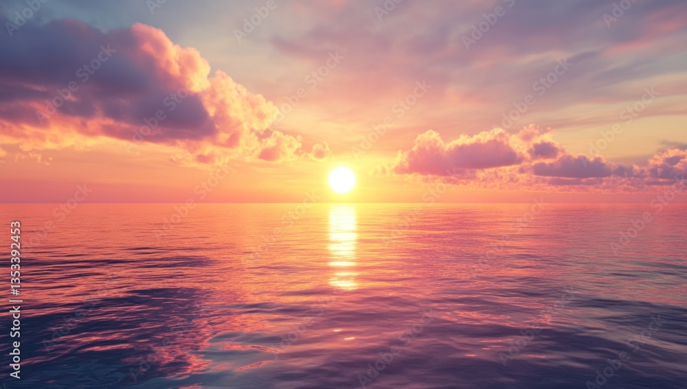 Fototapeta premium Sunset over calm ocean, vibrant clouds reflecting