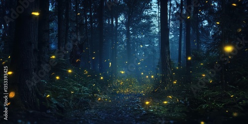 Fototapeta Naklejka Na Ścianę i Meble -  A dark, enchanted forest at night, with glowing fireflies and mysterious shadows