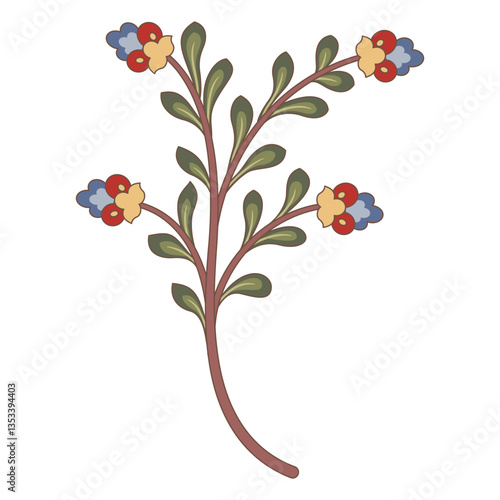 Stylized blooming branch with leaves and flowers. Medieval Middle East floral design. Isolated vector illustration.