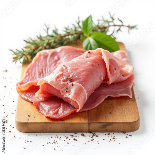 Wallpaper Mural Fresh Raw Slices of Pork Meat on Wooden Board With Herbs. Generative AI Torontodigital.ca